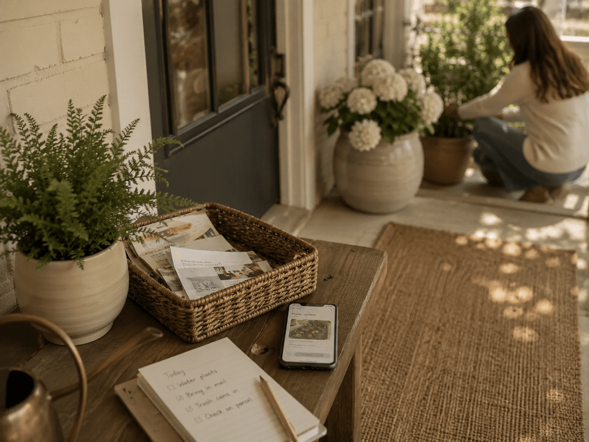 A porch scene with a checklist notebook and phone showing the app, with a woman tending plants nearby