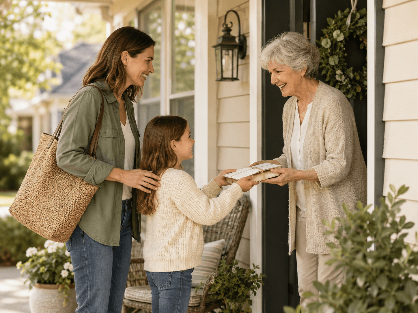 A parent and child delivering mail to an older neighbor at their front door